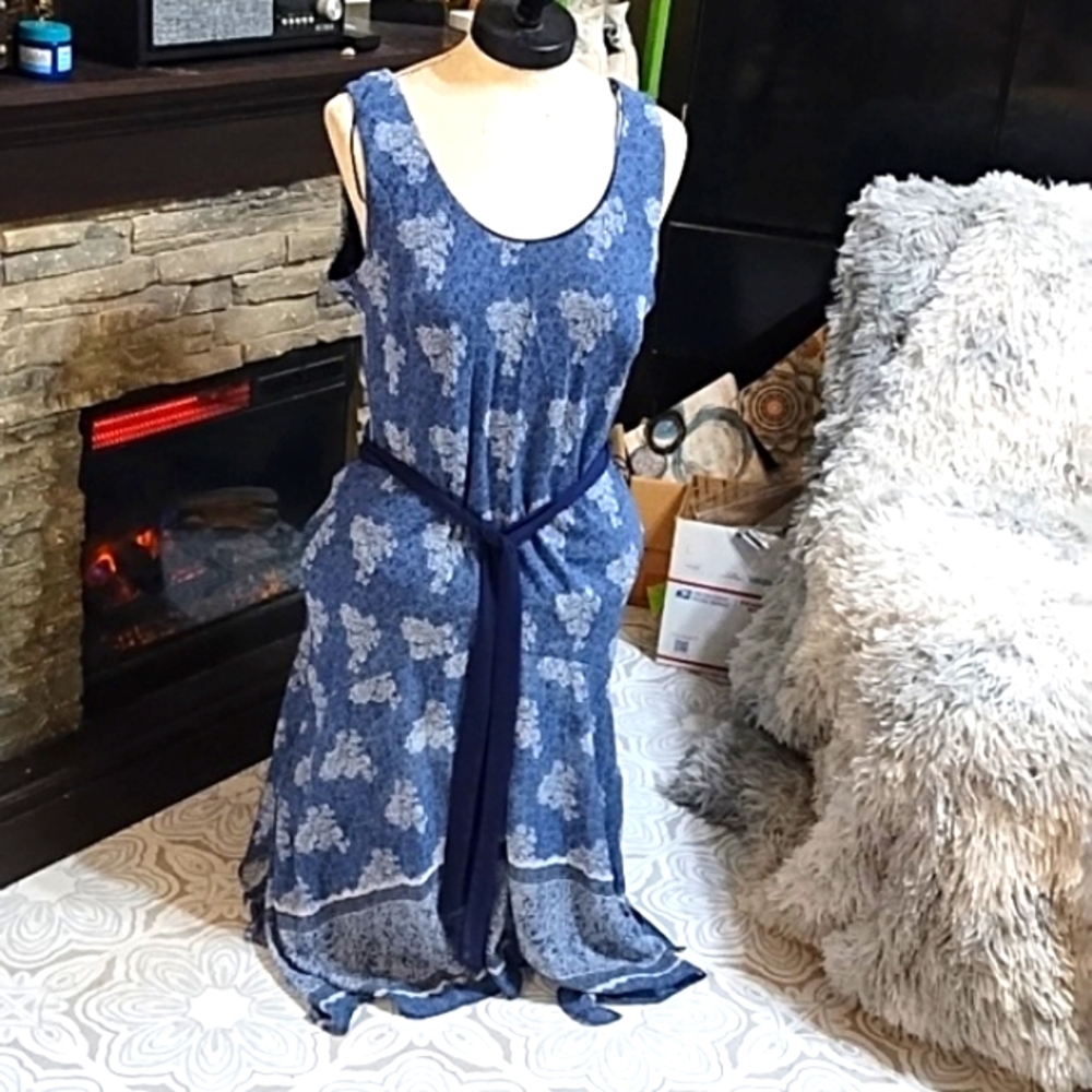 Womens Blue Dress Halter sleeveless hi low Picnic denim print sz 12 ROBBIE BEE